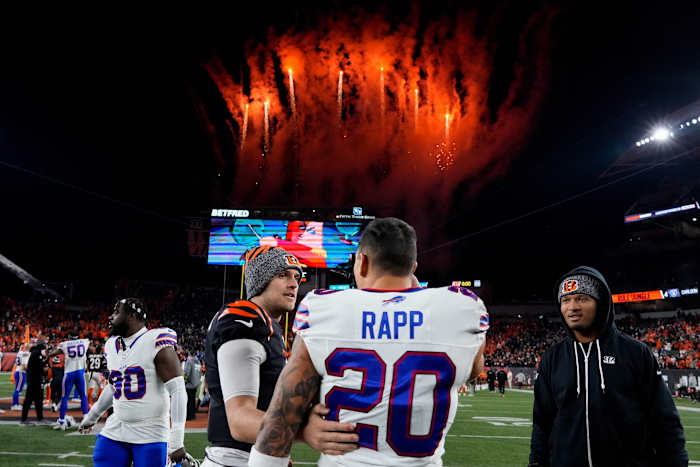 Cincinnati Bengals punter Brad Robbins (10) and Buffalo Bills safety Taylor Rapp (20) chat after the fourth quarter of the NFL Week 9 game between the Cincinnati Bengals and the Buffalo Bills at Paycor Stadium in Cincinnati on Sunday, Nov. 5, 2023.